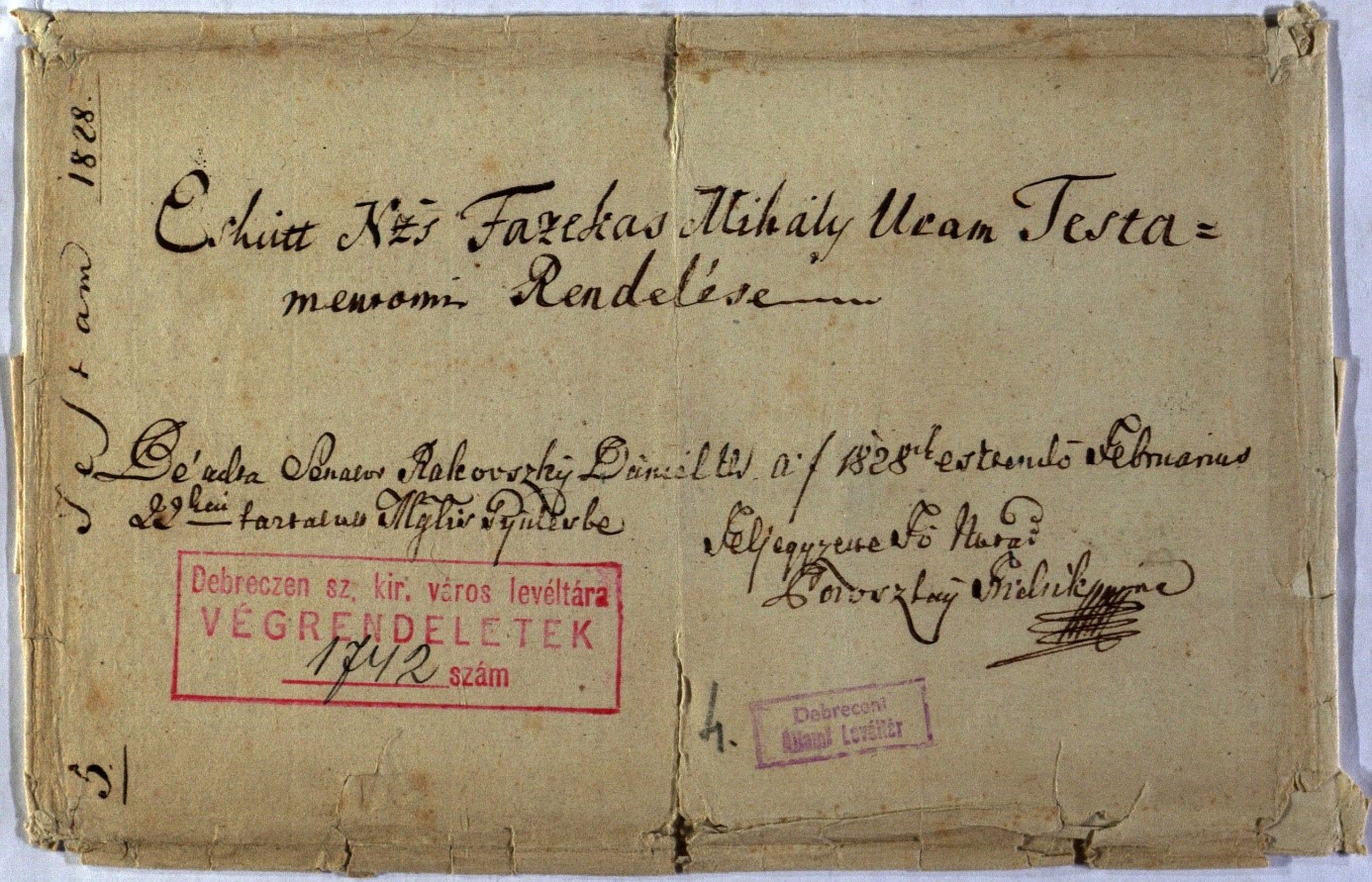Fazekas Mihály végrendeletének borítékja